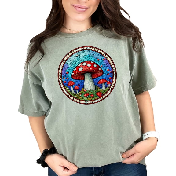 Colorful Mushroom Stained Glass Art T-Shirt, Vibrant Psychedelic Mushroom Design, Unique Fungi Inspired Tee, Artistic Graphic T-Shirt, Moss Comfort Colors T-Shirt, XL