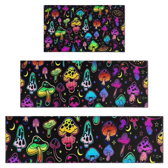 Colorful Mushroom Star Black Pattern Kitchen Rugs Sets Of 3,Kitchen Runner Rugs Non Skid Washable,Decorative Kitchen Floor Mats for Kitchen,Sink,Laundry,17"x30"+ 17"x47" + 17"x59"