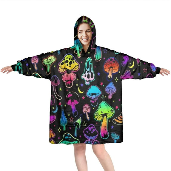 Colorful Mushroom Star Black Pattern Wearable Oversized Blanket,Wearable Blanket Hoodie for Adults,Cozy Hooded Blankets with Super Pockets,Super Warm Fuzzy Pullover for Women & Men
