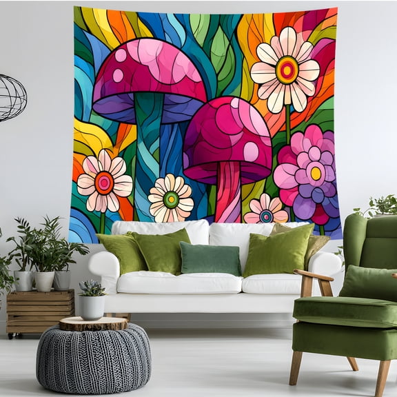 Colorful Mushroom Tapestry Wall Hanging, Psychedelic Floral Boho Wall Decor, Retro Aesthetic Room Decor for Bedroom Living Room Dorm