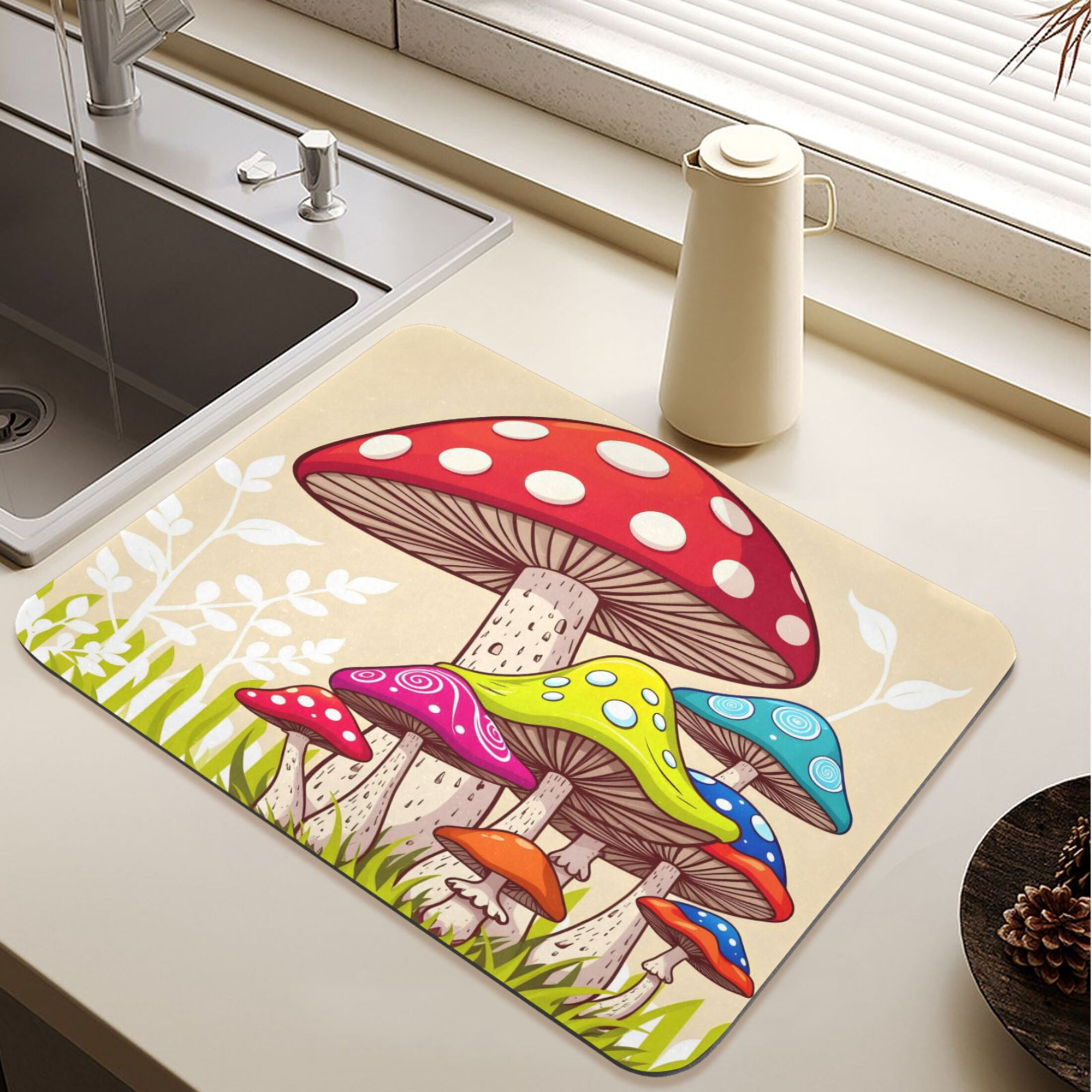 Colorful Kitchen Sink Rug Colorful Mushroom on Grass Diatomite Dish Drying Mat Drain Pad for ...