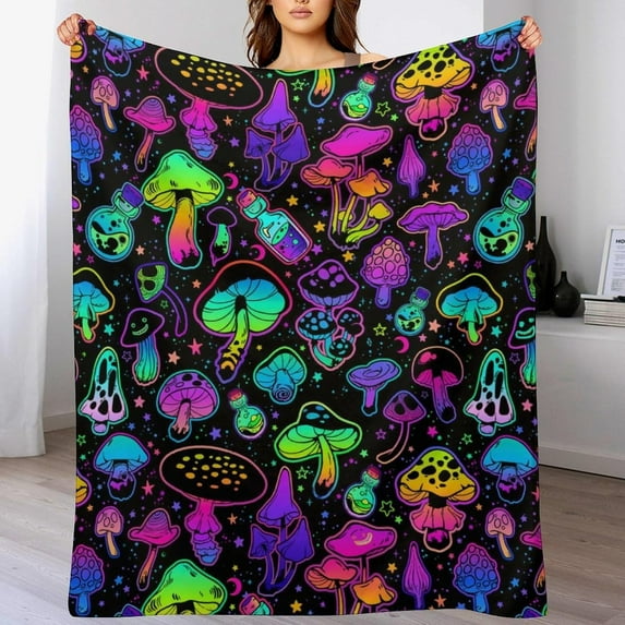 Colorful Mushrooms Blanket Enlarged Colorful Mushroom Plush Throw Blanket,50\u201dx40\u201d Decor All Season, Rainbow Colorful Kawaii Fungus Flannel Blanket for Sofa Couch Bedroom Decor Throw
