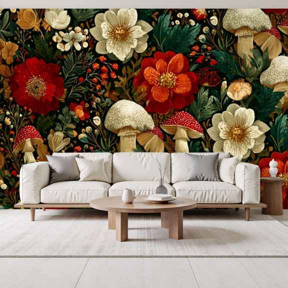 Colorful Mushrooms Blooms Wallpaper Floral Vibrant Colors whimsical woodland Peel and Stick Wall Murals 69"H x 96"W Removable PVC Wall Paper Self-Adhesive Wall Decor for Bedroom Living Room
