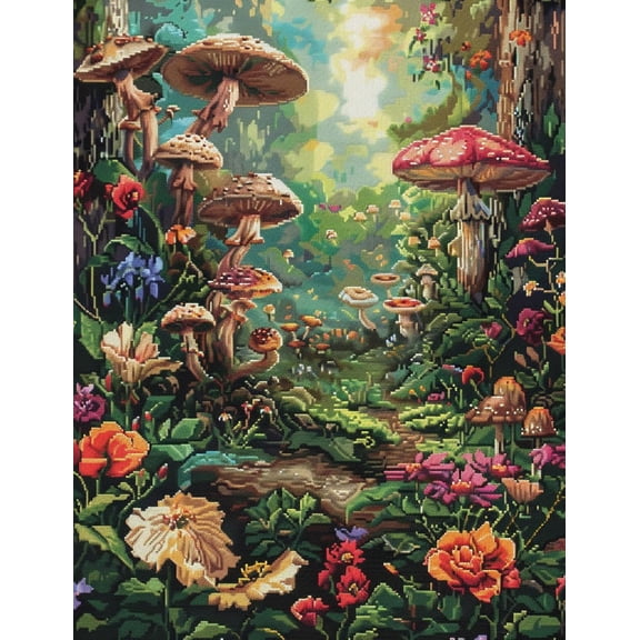 Colorful Mushrooms Forest DIY 11CT Stamped Cross Stitch Kits for Beginners Easy Needlepoint Embroidery Counted Cross Stitch Art Craft for Wall Decoration 12x16inch(8)