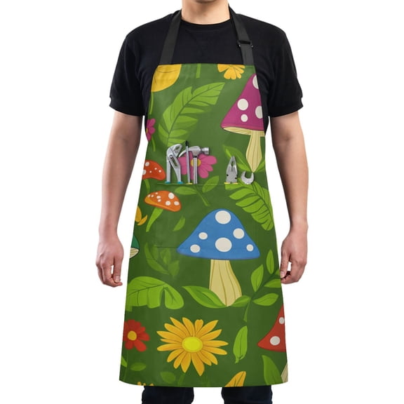 Colorful Mushrooms and Flowers on Green Chef Kitchen Apron with Pockets for Women Waterproof Aprons for Cooking Baking