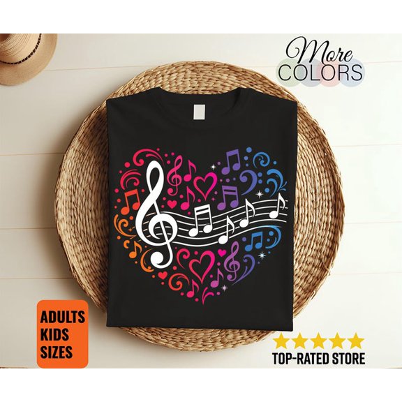 Colorful Music Notes Heart Treble Clef T Shirt Music Lover Choir Band Teacher Singer Musician Gift Graphic Tee Apparel