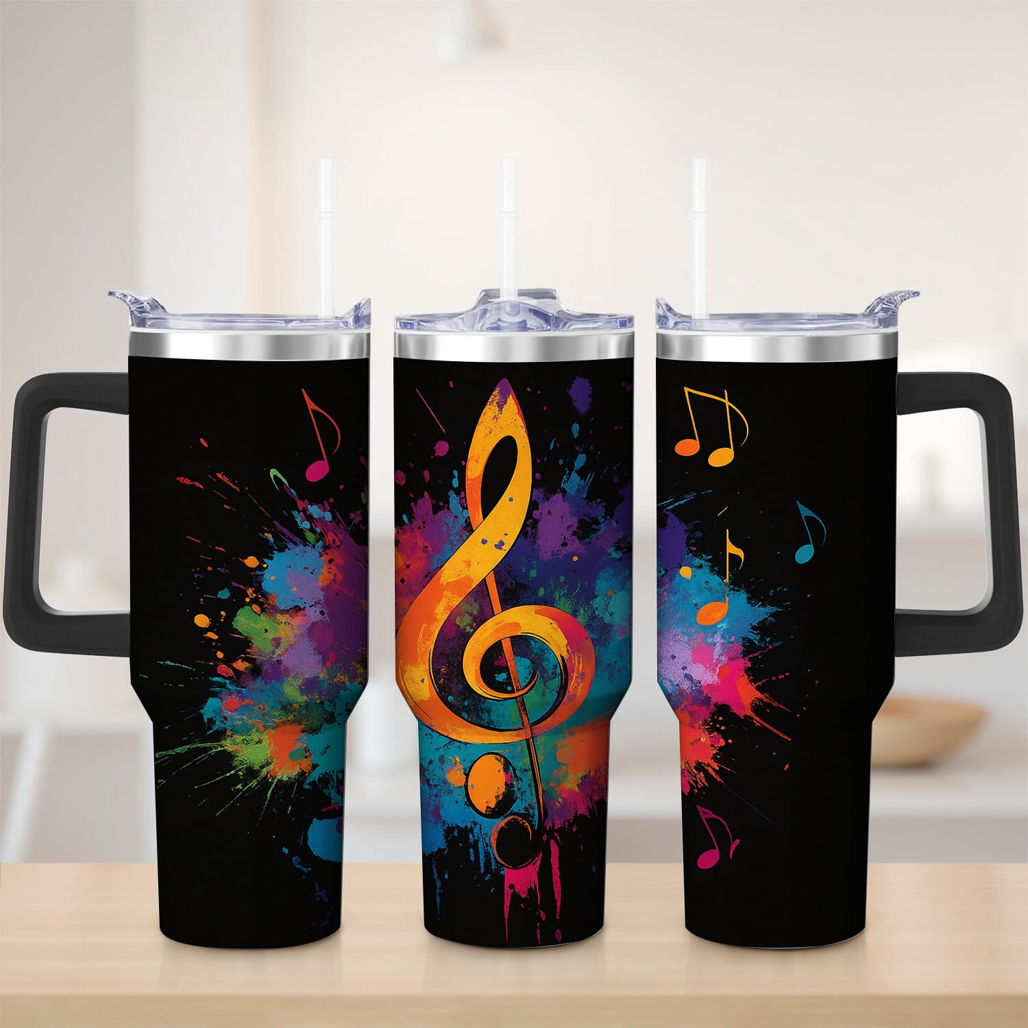 Colorful Music Notes Stainless Steel Insulation Mug with Lid and Handle ...