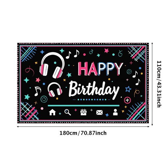 Colorful Music Themed Happy Birthday Banner with Headphones Cassette Stars Party Decoration Backdrop for Birthday Party Photography Props Celebrations Decor Background Supplies