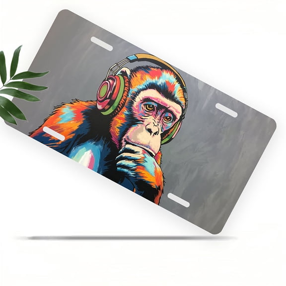 Colorful Music loving Monkey Funny Personalized License Plate Rust-proof Stainless Steel Metal License Plate Suitable For Men And Women 12.2" x 6.2"