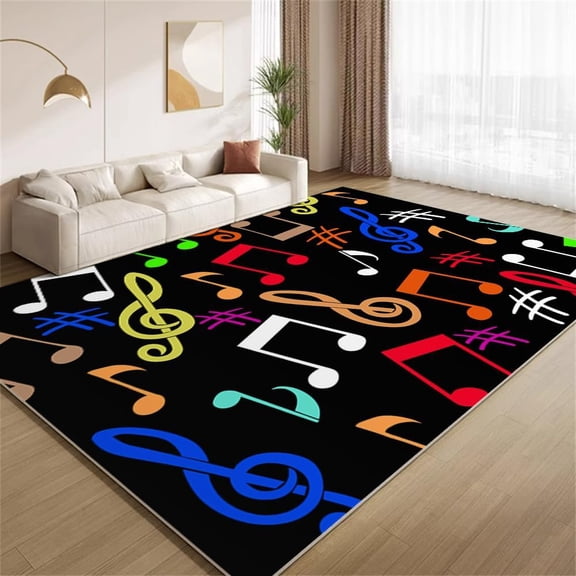 Colorful Musical Notes Area Rugs, Funky Black Music Design Carpet, Soft Washable Non Slip Non Shedding Low Pile Rug for Living Room Bedroom Entrance Foyer Decor Mat 5x8ft