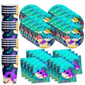 Colorful Musical Shark Party Supplies for Baby's 1st Birthday, Kid's Birthdays, and Baby Shower Shark Themed Parties - Tableware Sets with Plates, Napkins, and Cups | Kit for 16