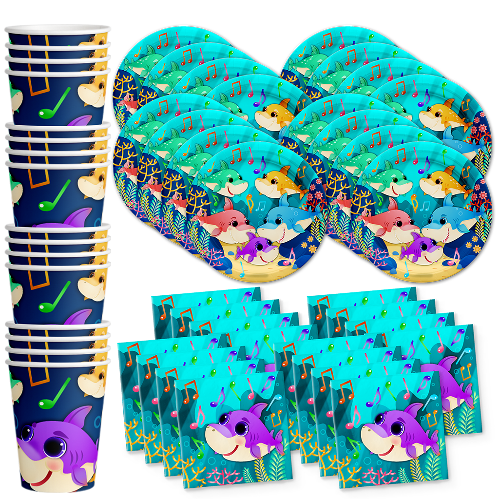 Colorful Musical Shark Party Supplies for Baby's 1st Birthday, Kid's Birthdays, and Baby Shower Shark Themed Parties - Tableware Sets with Plates, Napkins, and Cups | Kit for 16