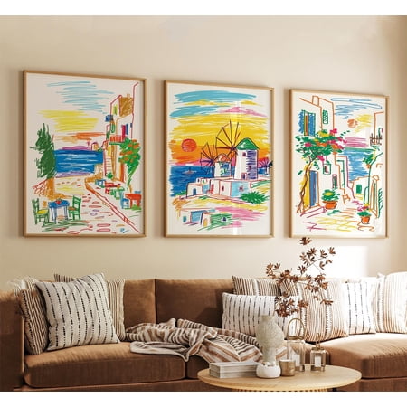 Colorful Mykonos Greece Travel Poster Modern Line Coastal Village Wall Art Prints Set 3