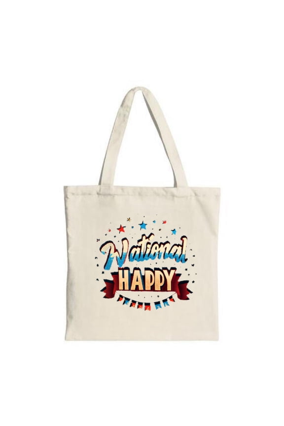 Colorful " National HAPPY " tote bag with stars and banners perfect for parties travel and shopping Stylish and reusable