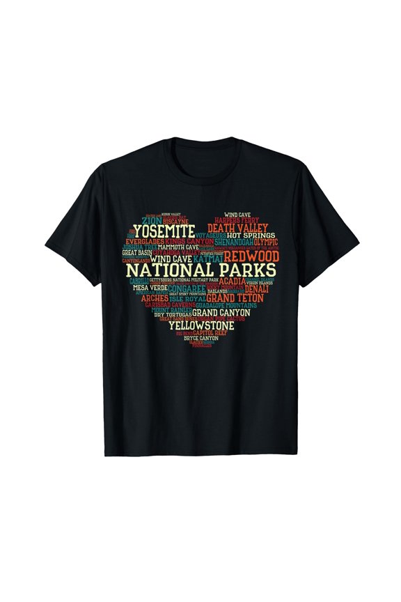 Colorful National Parks Word Cloud Heart T-Shirt for Camping Enthusiasts