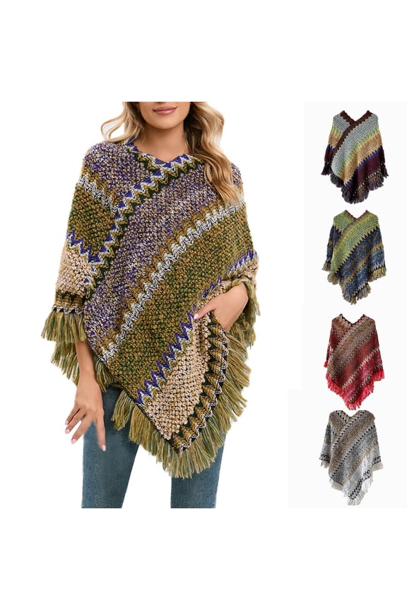 Colorful National Print Knitted Poncho with Tassels Fringed Wrap Shawl Cape