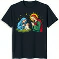 Colorful Nativity Scene Graphic on Blue TShirt Holiday Wear