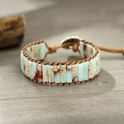 KASAKI Colorful Natural Gemstone Rectangular Bracelet Women Bohemian Handmade Natural Jasper Stone Healing Energy Beads Leather Wrap Bracelet Jewelry
