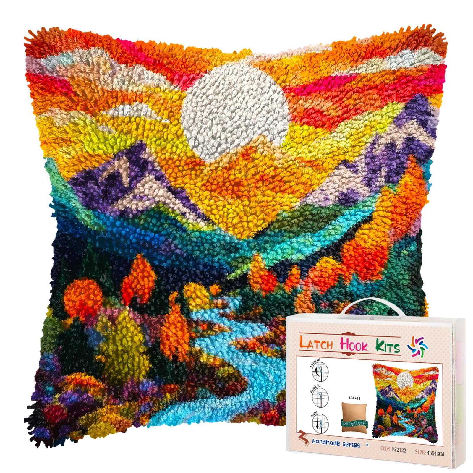 Colorful Natural Landscape Sunset River Trees DIY Latch Hook Pillow Kits for Adults Printed Pillowcase Crochet Yarns Hooking Handmade Pillow Cover Cushion for Home Sofa Decoration 17x17inch(2)