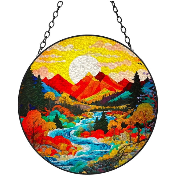 Colorful Natural Landscape Sunset River Trees Stained Glass Suncatcher Handmade Window Hanging Colored Glass Suncatcher Crafts Kits for Indoor Garden Decor Memorial Gift 16x16cm(1)