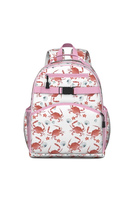Colorful Nautical Crab Students Backpack, Tropical Sea Life Watercolor Cartoon Vintage Ocean Marine Beach Cute Pattern