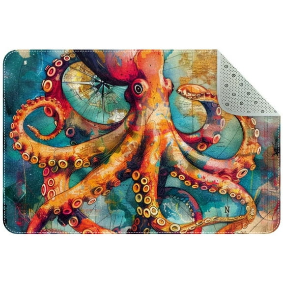Colorful Nautical Octopus Coastal Vintage Map Small Area Rug, Non-Slip Door Mat Indoor Floor Mat, Washable Kitchen Rug Entrance DMat for Bedroom Living Room