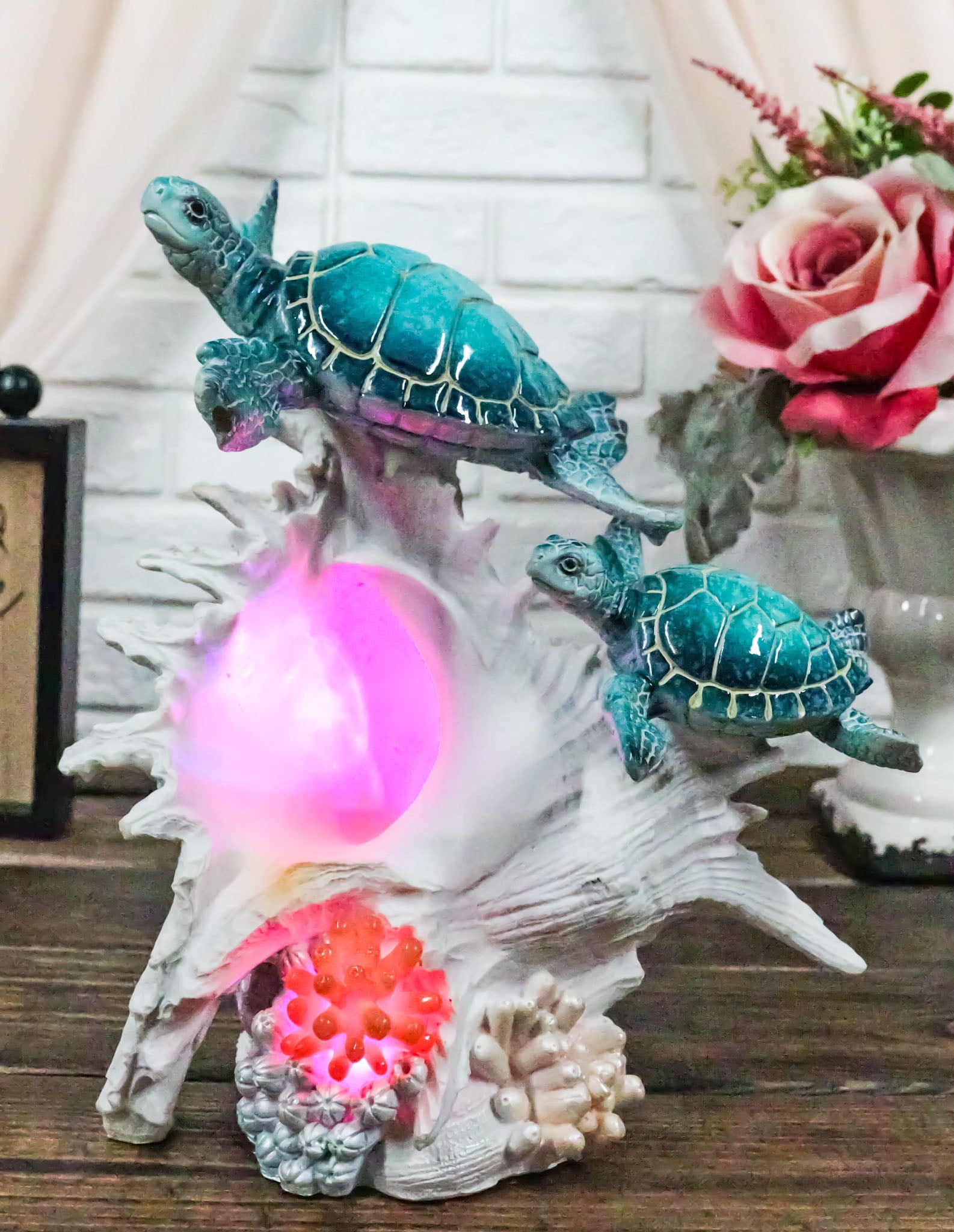 Turtle Shell Conk Colorful Nautical Sea Turtle Family Swimming By Big Conch With LED ...