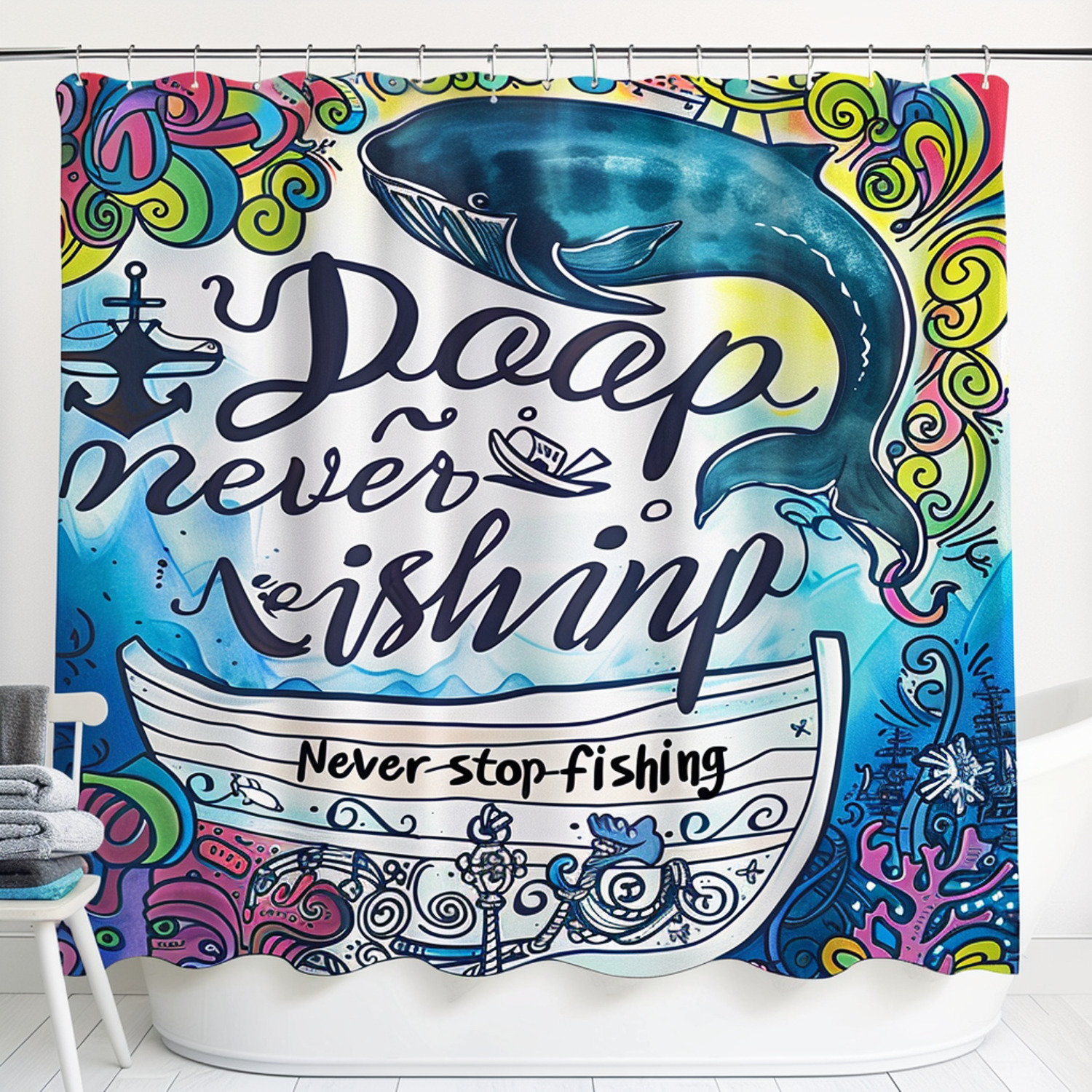 Colorful Nautical Theme Shower Curtain with Ship Anchor and Whale