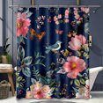 Colorful Navy Blue and Pink Floral Print Shower Curtain with Birds