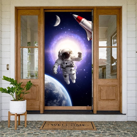 Colorful Nebula Space Astronaut Banner Red-white Rocket Galaxy Event Backdrop Starry Sky Background for Space Themed Party Kids Space Fans Gathering Science Museum Event