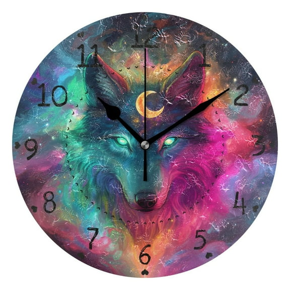 Colorful Nebula Wolf Face with Moon Round Wall Clock Silent Analog Battery Operated Black Pointer Home Decor 9.84" Diameter