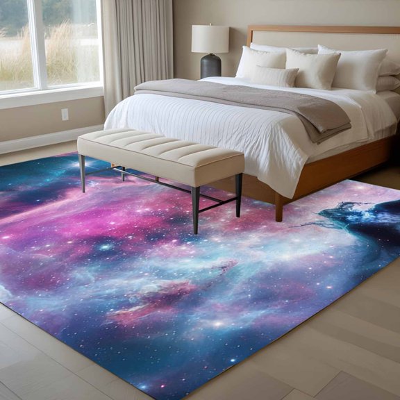 Colorful Nebulae 6x9 Rug for Dining Room Table and Chair Setup, Abstract Shiny Gradient Pink Blue Purple Cosmos Sky Star Low Pile Washable Non Slip Rectangle Area Rug