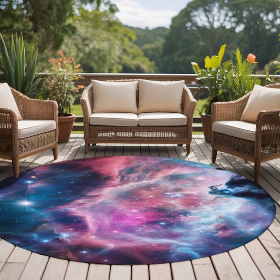Colorful Nebulae 8ft Round Rug for Open Concept Living Room Seating Zone, Abstract Shiny Gradient Pink Blue Purple Cosmos Sky Star Washable Non Slip Large Circle Area Rug