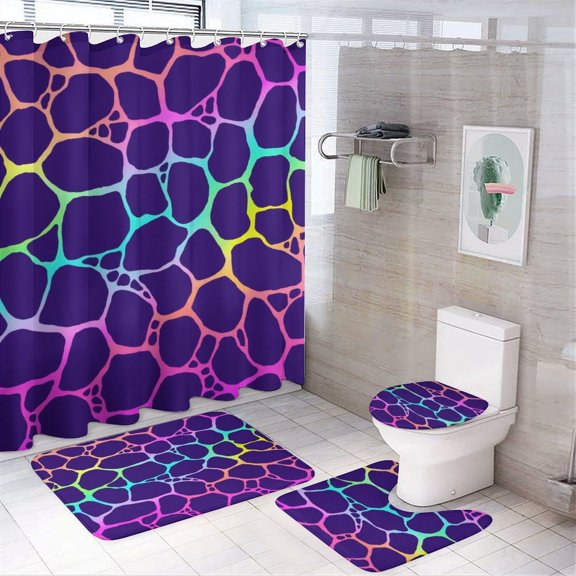 Colorful Neon Animal Print Pattern Shower Curtain Sets Non-Slip Rugs Bath Mat Toilet Cover U Shaped Mat 4 Pcs