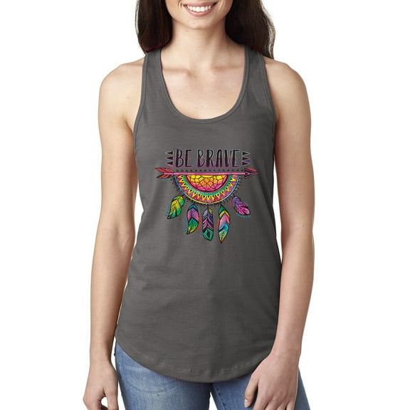 Colorful Neon Be Brave Dreamcatcher | Dean Russo Art Pop Culture Ladies Racerback Tank Top, Dark Grey, Medium