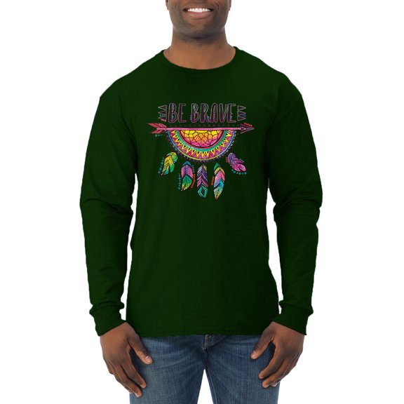 Colorful Neon Be Brave Dreamcatcher | Dean Russo Art Pop Culture Mens Long Sleeve Shirt, Forest Green, X-Large