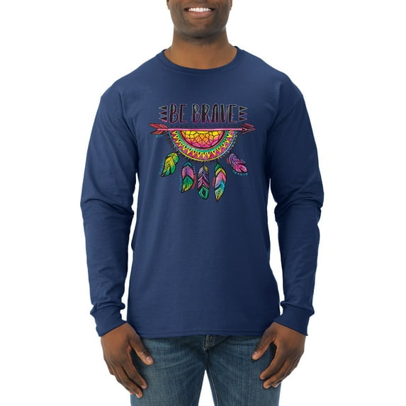 Colorful Neon Be Brave Dreamcatcher | Dean Russo Art Pop Culture Mens Long Sleeve Shirt, Navy, Small