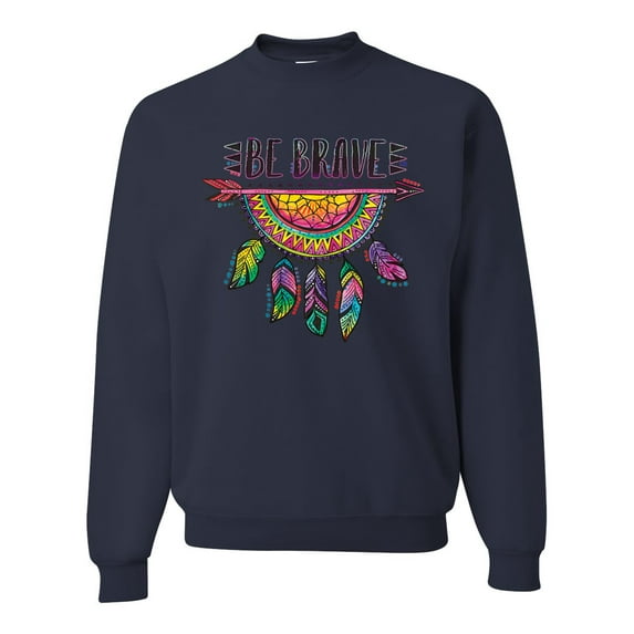 Colorful Neon Be Brave Dreamcatcher | Dean Russo Art Pop Culture Unisex Crewneck Sweatshirt, Navy, Medium