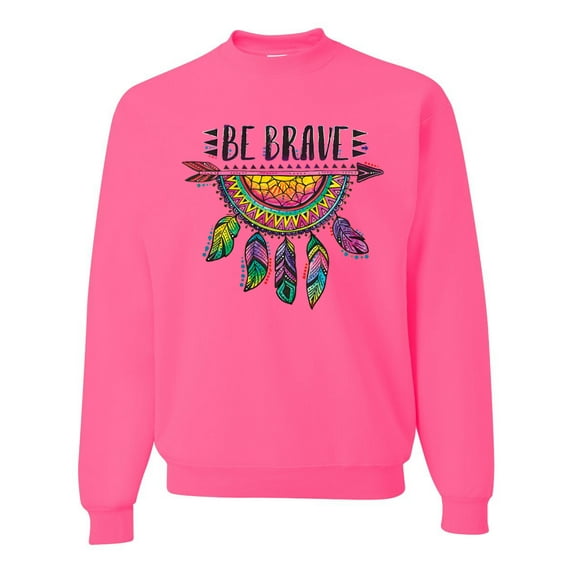 Colorful Neon Be Brave Dreamcatcher | Dean Russo Art Pop Culture Unisex Crewneck Sweatshirt, Neon Pink, 3X-Large