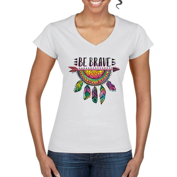 Colorful Neon Be Brave Dreamcatcher | Dean Russo Art Pop Culture Womenâ€™s Standard V-Neck Tee, White, Large