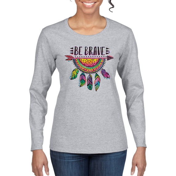 Colorful Neon Be Brave Dreamcatcher | Dean Russo Art Pop Culture Womens Long Sleeve T-Shirt, Heather Grey, XX-Large