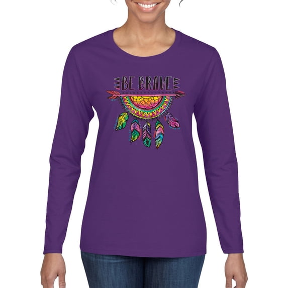 Colorful Neon Be Brave Dreamcatcher | Dean Russo Art Pop Culture Womens Long Sleeve T-Shirt, Purple, Medium