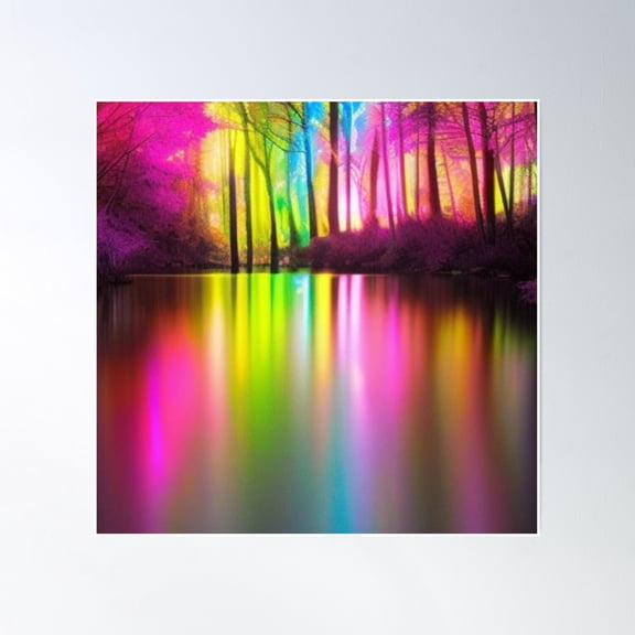 Colorful, Neon, Brightness, Sky, Lake, Forest Poster Wall Art, Modern Wall Decor, 24x24 UNFRAMED