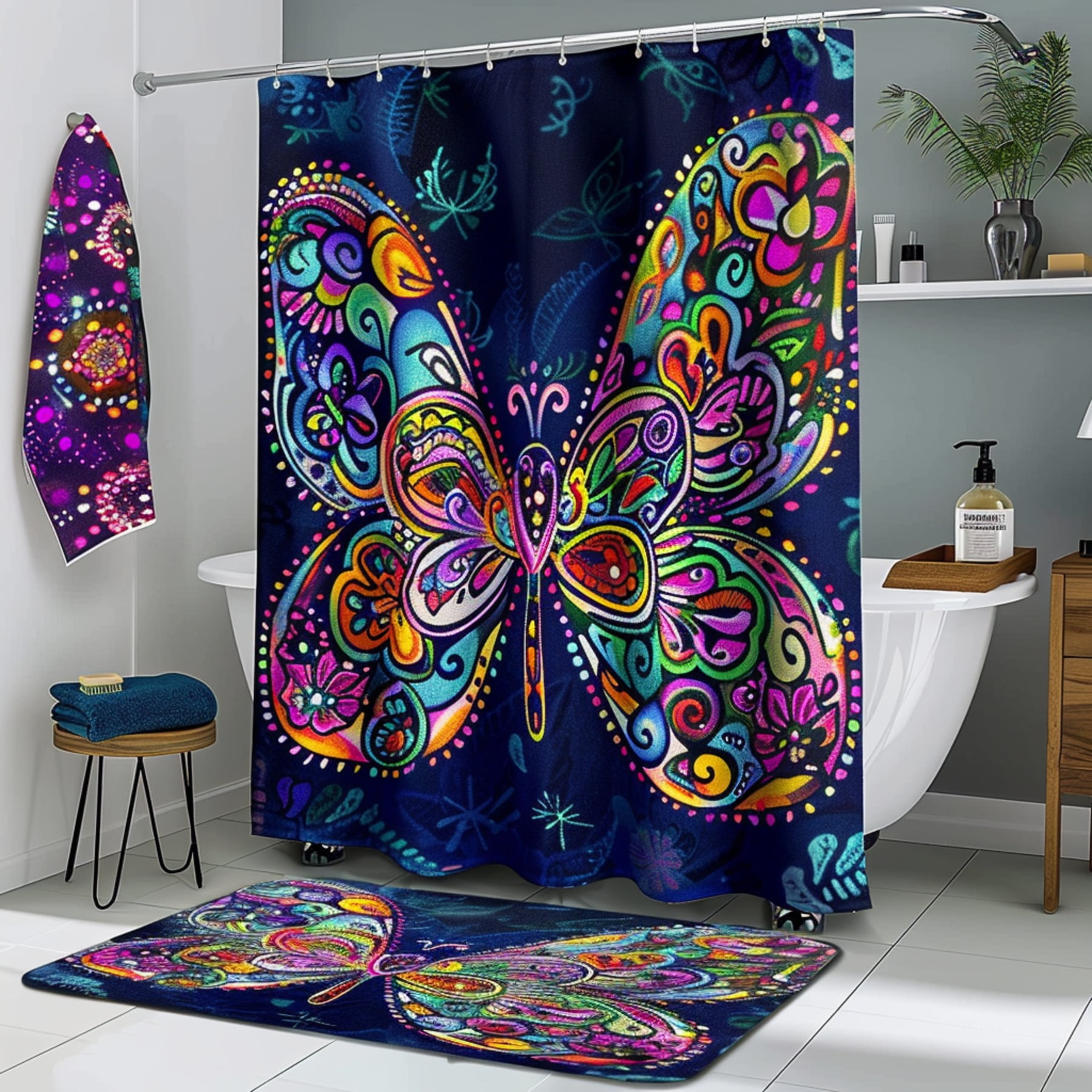 Colorful Neon Butterfly Bathroom Decor Set with Vibrant Patterns and