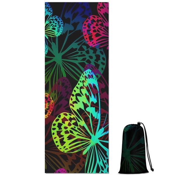Colorful Neon Butterfly Pattern Hot Yoga Mat Towel Non Slip for Hot Yoga - Quick-Drying Yoga Mat Cover with 4 Corner Pockets with Travel Bag - Hot Yoga Towel Non Slip 74"x26"