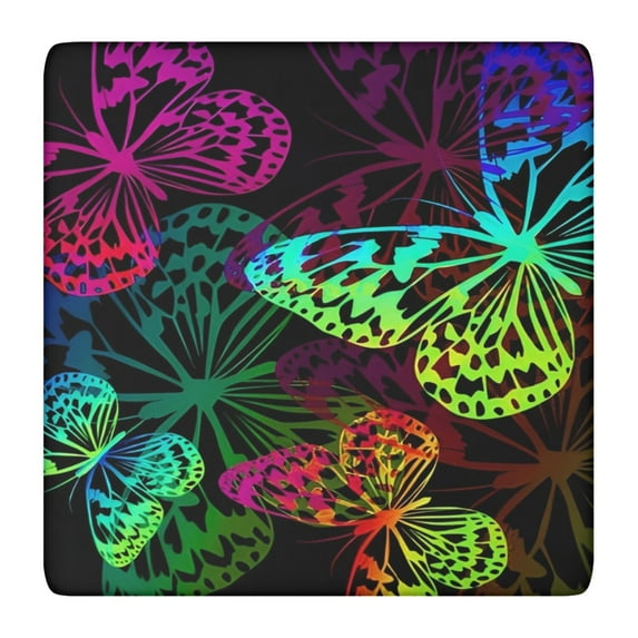 Colorful Neon Butterfly Pattern Square Fitted Tablecloth with Elastic Edge,Square Table Cover,Washable Elastic Table Cover for Home Kitchen Party Decor 36"x36"