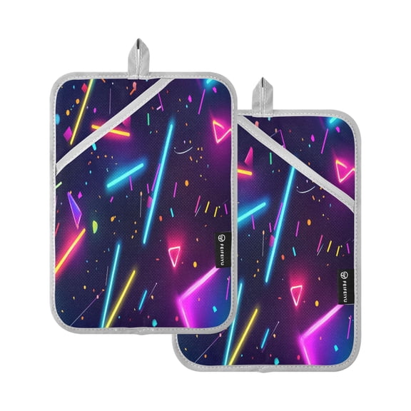 Colorful Neon Design Set of 2 Heat-Resistant Quilted Pads, Silver Polyester, 7" x 9.8"