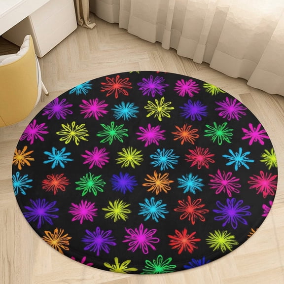 Colorful Neon Floral Pattern Round Area Rugs for Bedroom Living Room, 3FT Soft Indoor Circle Carpets, Carpet Home Decor Floor Mat