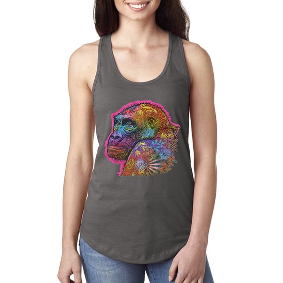 Colorful Neon Gorilla | Dean Russo Art Animal Lover Ladies Racerback Tank Top, Dark Grey, X-Large