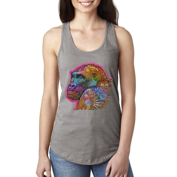 Colorful Neon Gorilla | Dean Russo Art Animal Lover Ladies Racerback Tank Top, Heather Grey, Large